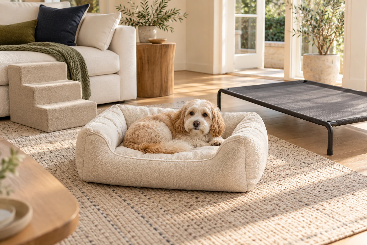 A small dog resting in a cream bed with pet steps and an elevated cot